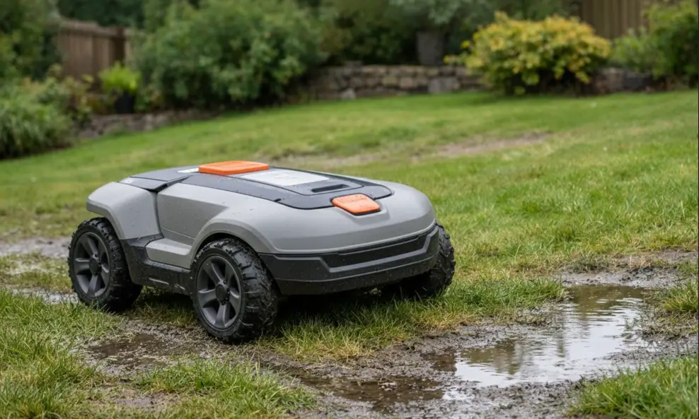 robot cortacésped para jardín con barro