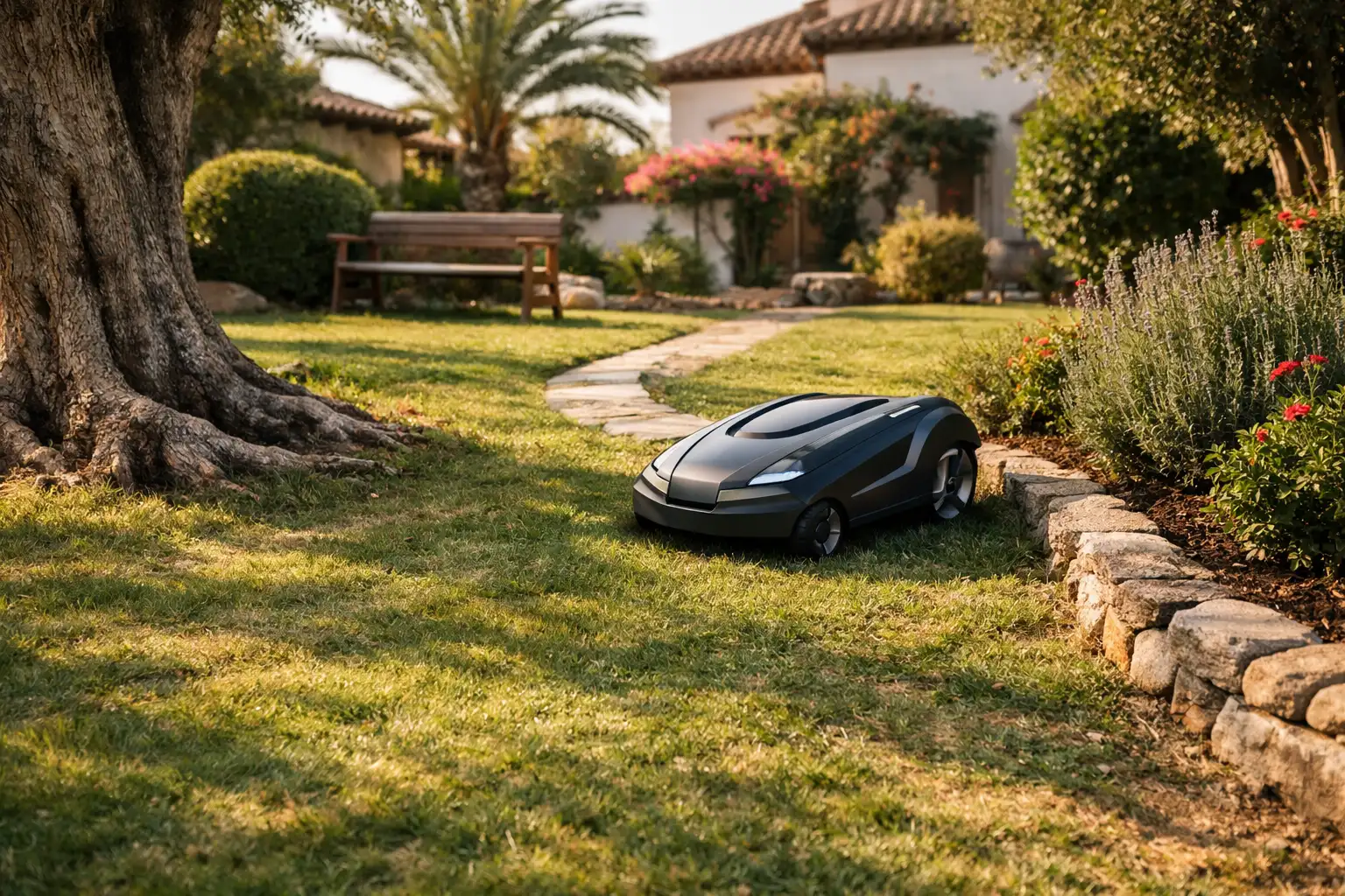 robot cortacésped para jardines con muchos obstáculos