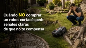 Persona observando un jardín con hierba alta, barro y obstáculos antes de decidir no comprar todavía un robot cortacésped
