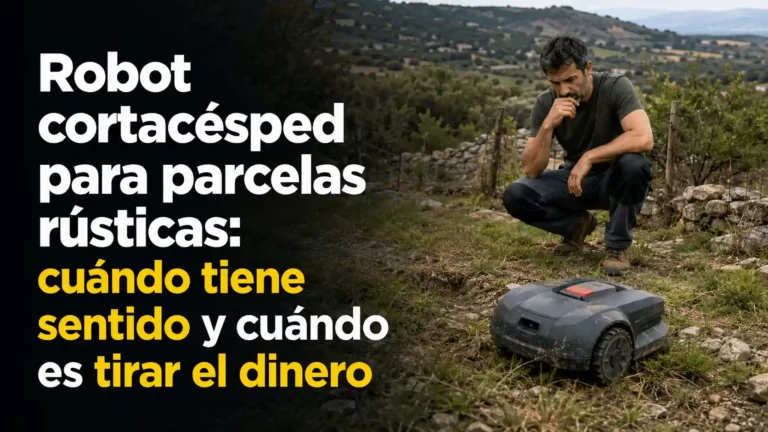 Robot cortacésped trabajando junto a una casa de campo en una parcela rústica con zona de césped mantenida