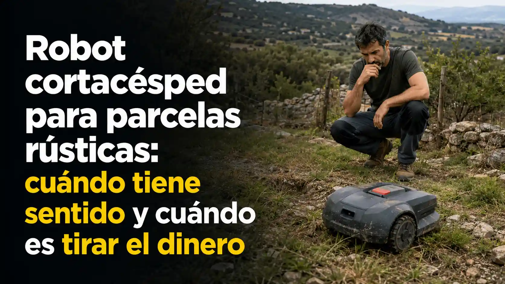 Robot cortacésped trabajando junto a una casa de campo en una parcela rústica con zona de césped mantenida